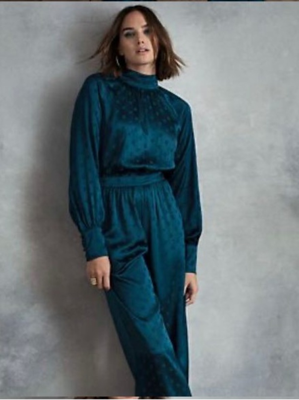 Happy Nature x Kate Hudson Teal Blue Polka Dot Mock Neck Open Back Jumpsuit Sz 6